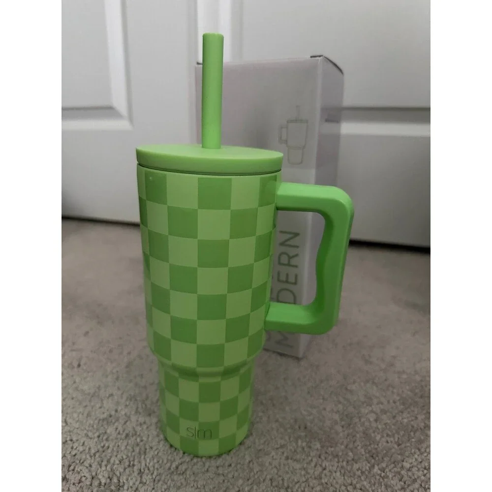 NEW Simple Modern Trek Tumbler 24oz Green Checkered Spill Proof Silicone Straw